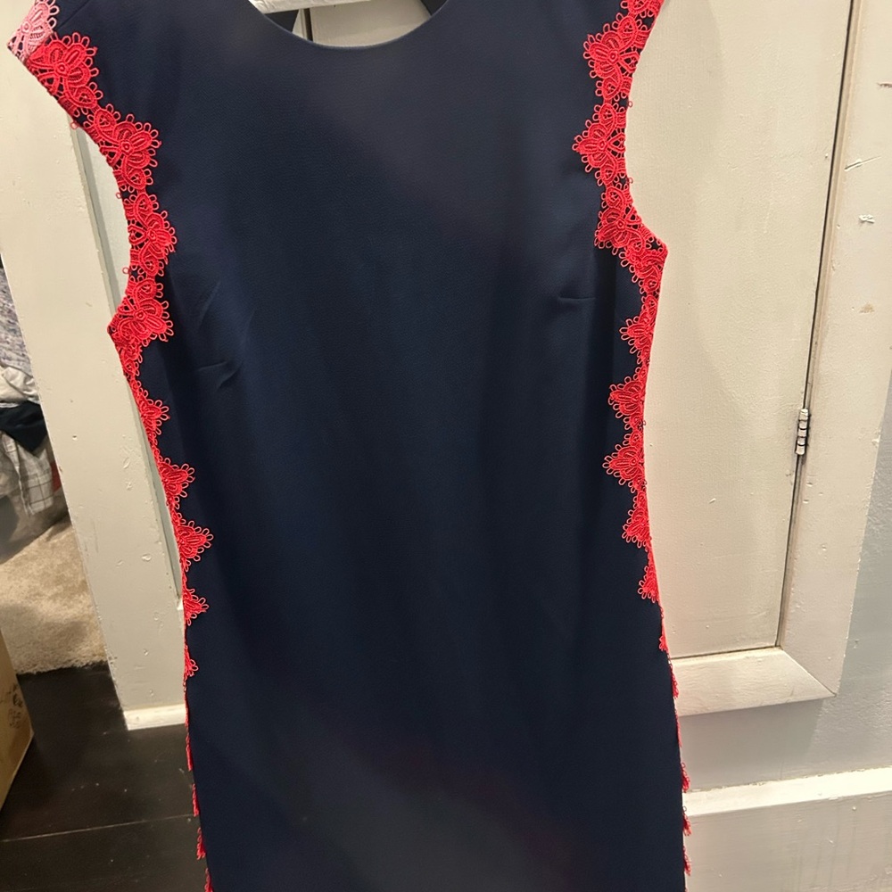 Trina Turk Navy Dress with Red Lace Accents